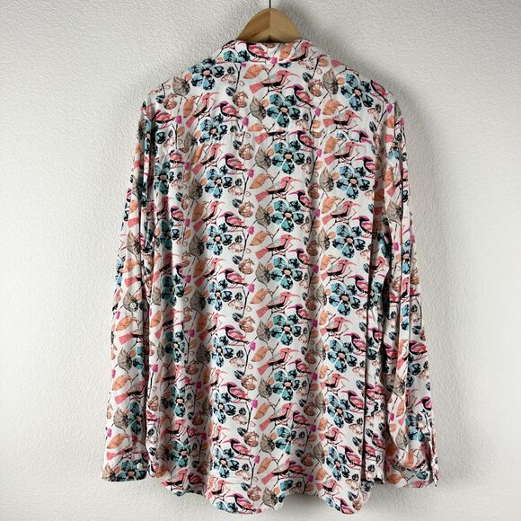 Talbots Bird Floral Print Top Womens 2X Pink Button Up Blouse Long Sleeve - Picture 8 of 12